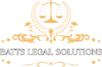 Elegant logo for "Batts Legal Solutions" featuring gold scales of justice, laurel wreaths, and decorative flourishes on a black background.